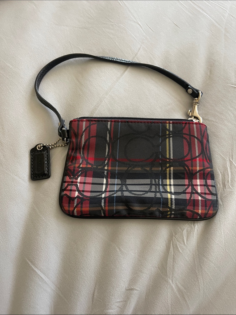 Coach Plaid Signature Wristlet in Red, Black and Yellow